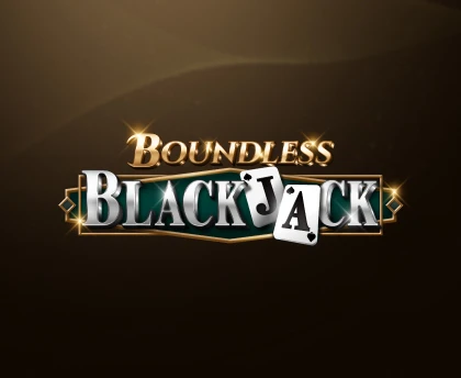 Boundless Blackjack logo with metallic text and two playing cards, set against a bronze gradient background with a glowing effect